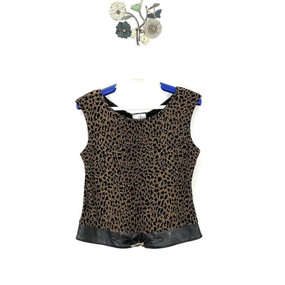 Joseph Ribkoff Leopard Animal Print Tank Top Shell Faux Leather Trim Size 10 - Picture 1 of 7
